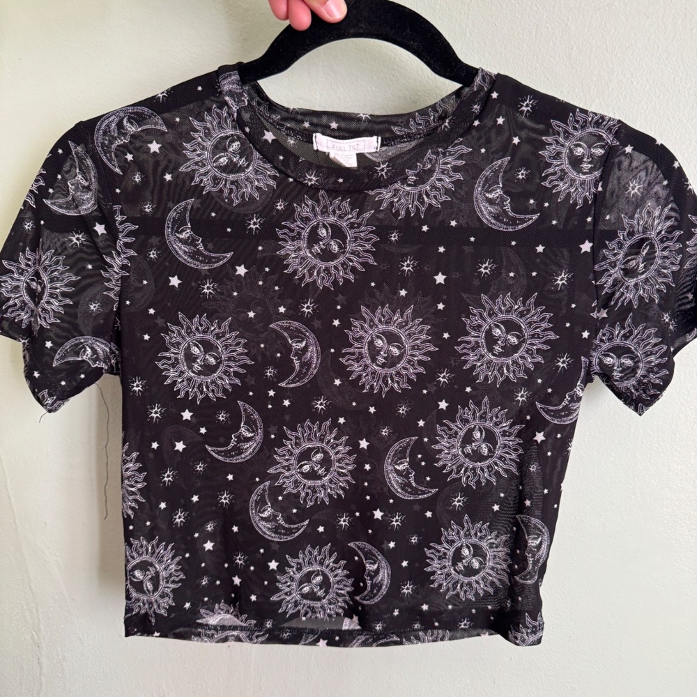 y2k Black Celestial Sun Moon Star Mesh Sheer Crop Top Small celestial whimsigoth